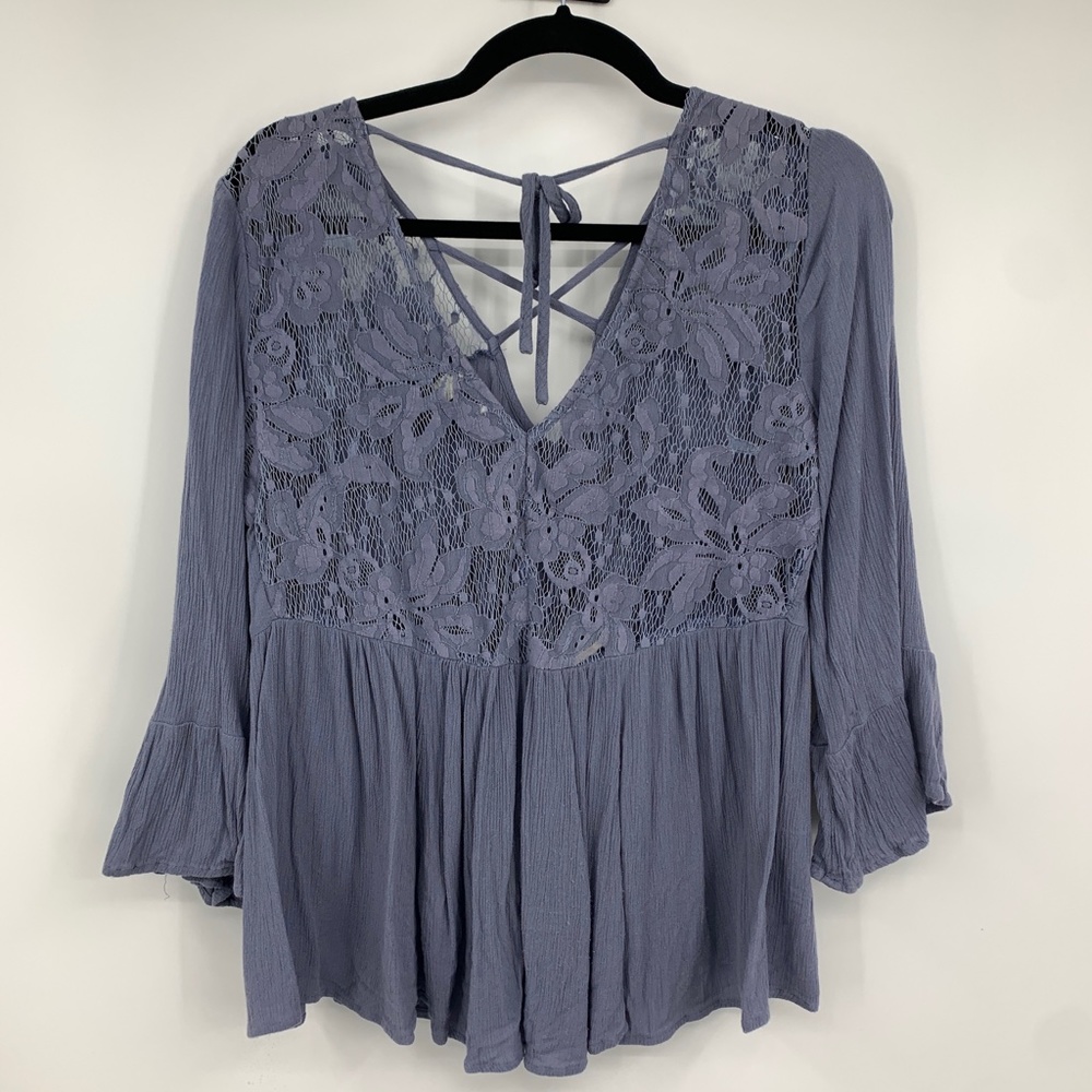 American Eagle womens small blouse lace flared sleeve boho hippie double V neck‎